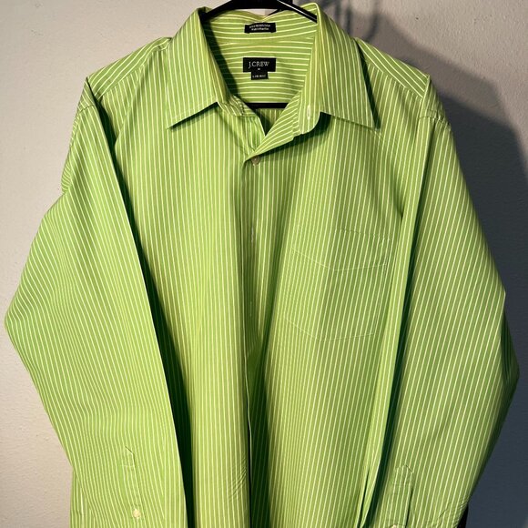 J. Crew 80s 2-Ply 100% Cotton Green & White Striped Long-Sleeve Button-Up SZ Lr - Picture 1 of 5